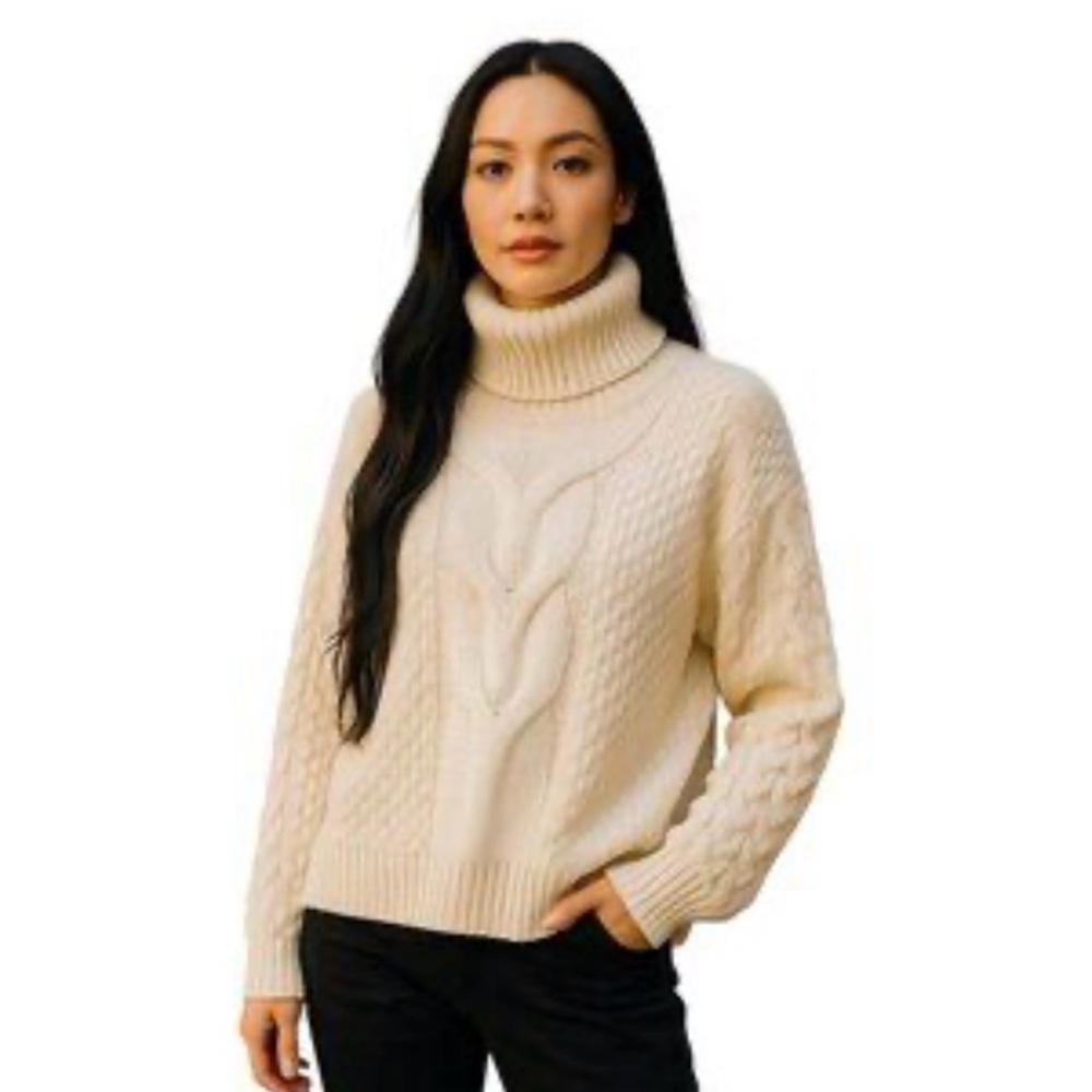 Woven Heart Cream Cable Knit Turtleneck Sweater